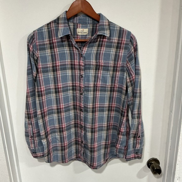 Marine Layer Tops - Marine Layer Plaid Flannel Button Down Shirt, Medium, Blue